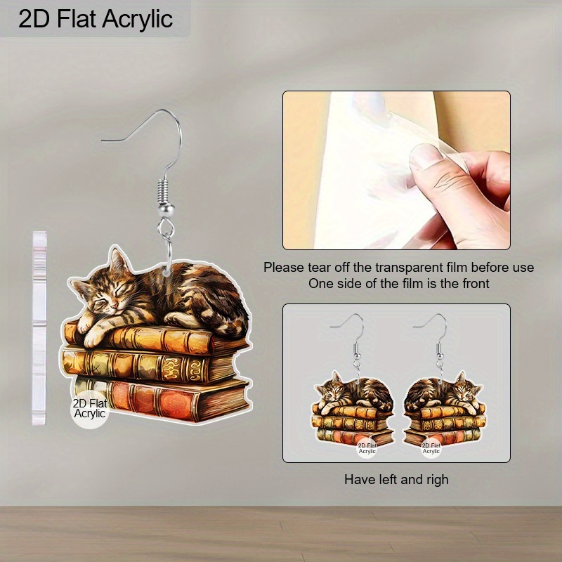 2D Flat Sleeping Cat Book Acrylic Earrings, Cute Style